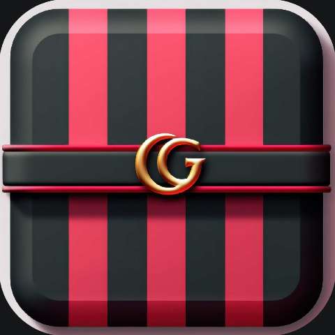 Square icon with black and pink vertical stripes and a gold letter G emblem