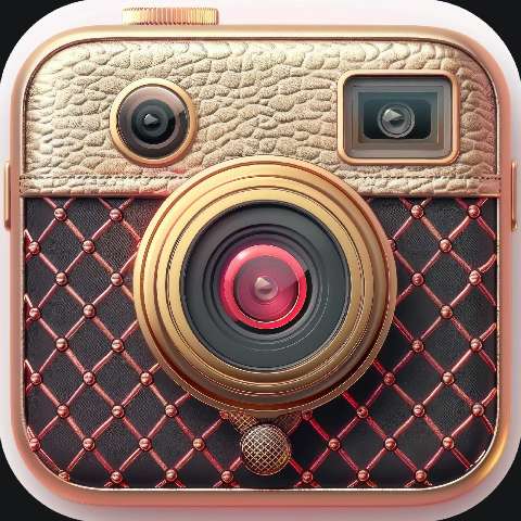 A square luxury camera app icon with a quilted background and gold camera lens