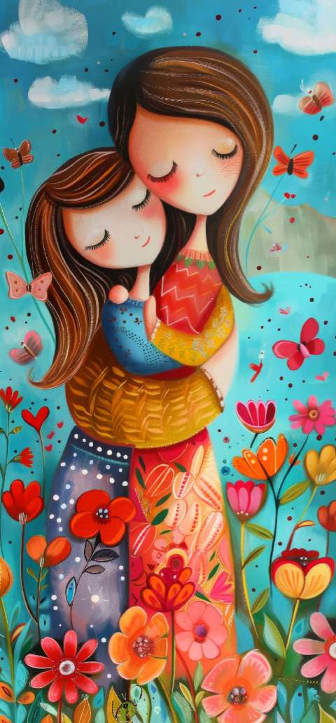 Mother and child embracing in a colorful floral field with butterflies and flowers.