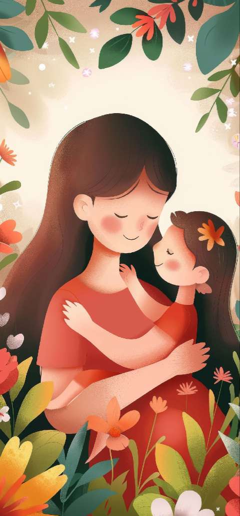 Illustration of a mother holding her young daughter among colorful flowers and leaves.