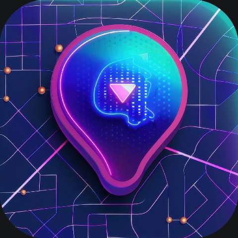 Neon purple location pin icon glowing over a dark map grid background.