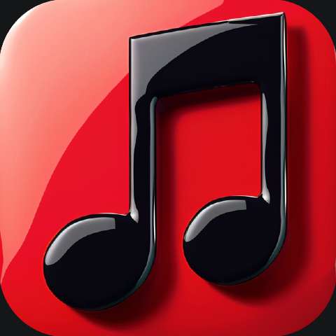 Glossy black music note icon on a red rounded square background