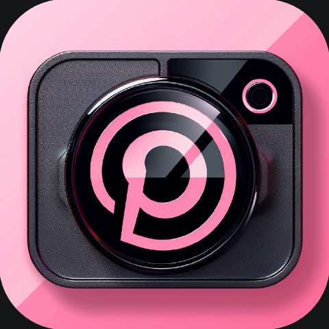 Pink camera-style app icon with a Pinterest logo in the center