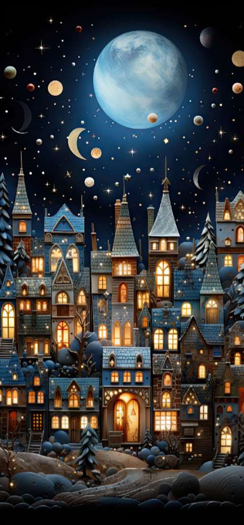 Preview for Whimsical Nighttime Village Wallpaper Template