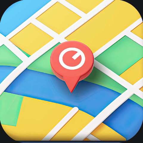 Colorful map-style app icon with a red location pin over intersecting roads