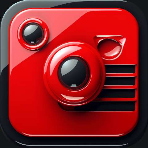 Glossy red camera app icon with lens details and dark rounded background