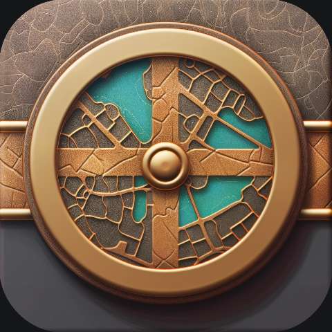 Decorative bronze compass icon with teal sections and embossed circular detail