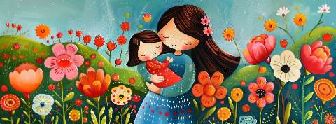 Mother and child embracing in a colorful floral garden with bright flowers and blossoms
