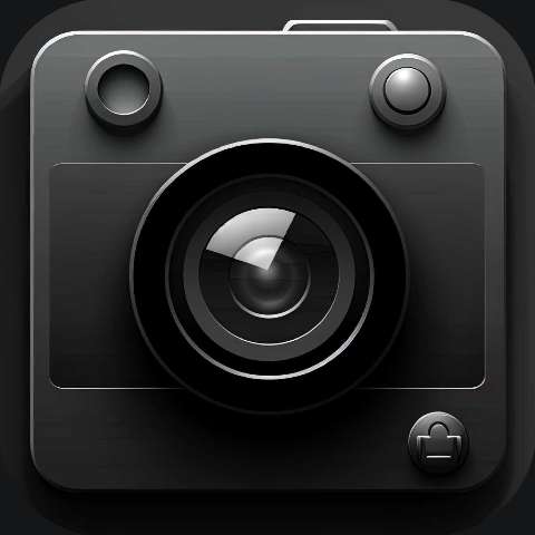Dark metallic camera app icon with a large lens and rounded square shape
