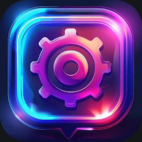 Glowing neon purple gear icon inside a rounded square chat bubble frame
