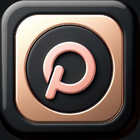 Rounded square app icon with a metallic pink Pinterest-style logo on a dark background