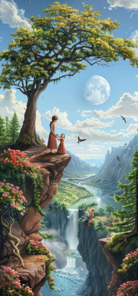 Woman and child standing on a cliff overlooking a valley, river, waterfall, and mountains.