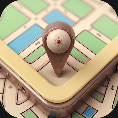 3D map app icon with a navigation pin on a stylized street grid