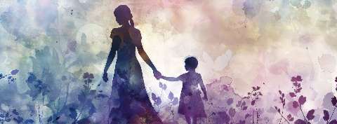 Silhouette of a mother holding hands with a child in a watercolor landscape