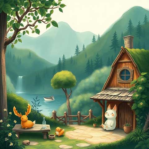 Preview for Whimsical-woodland-cottage-scene-aicartoon-template-bde5e