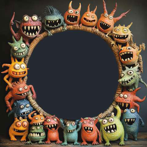 Colorful cartoon monsters surrounding a dark empty center frame