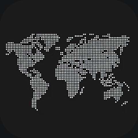 White dotted world map on a dark rounded-square background