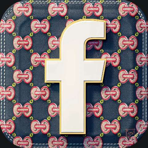 White Facebook-style logo on a patterned luxury wallet background