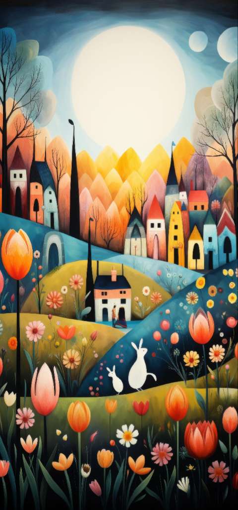 Preview for Whimsical Village Landscape Easter Phone Wallpaper