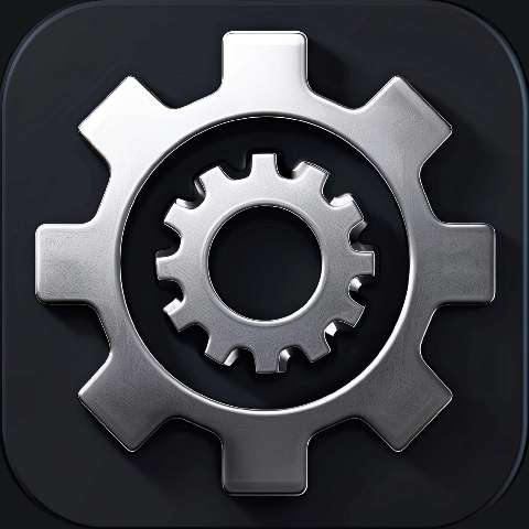 Silver gear settings icon on a dark rounded square background