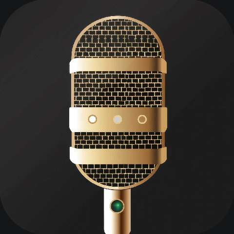 Gold microphone illustration on a dark rounded-square background