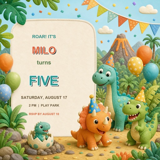 Preview for Dinosaur Birthday Invitation Square Card Template