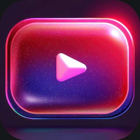 Neon purple rounded square icon with a glowing play button in the center