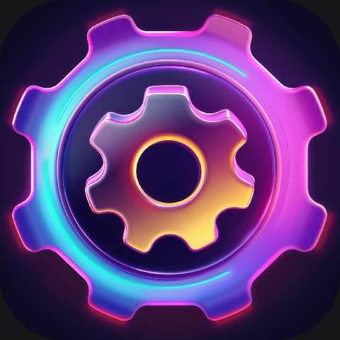Glowing neon purple gear icon with blue and pink light accents on a dark background
