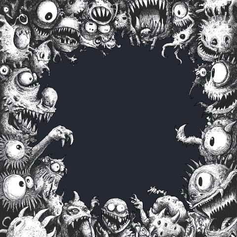 Black and white monster faces and creatures forming a spooky border around an empty center