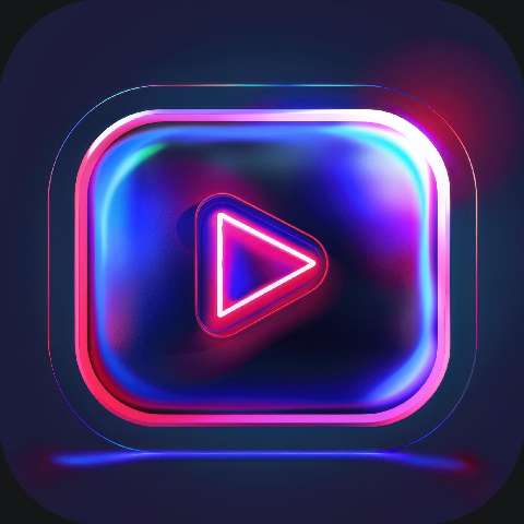 Glowing neon purple rounded-square icon with a play button in the center