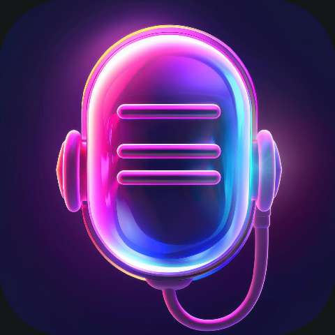 Glowing neon purple microphone icon with rounded headphones on a dark background.