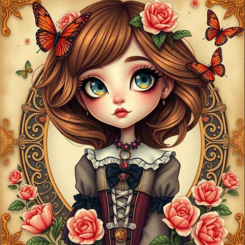 Preview for Vintage-girl-with-roses-and-butterflies-aicartoon-template-ad556