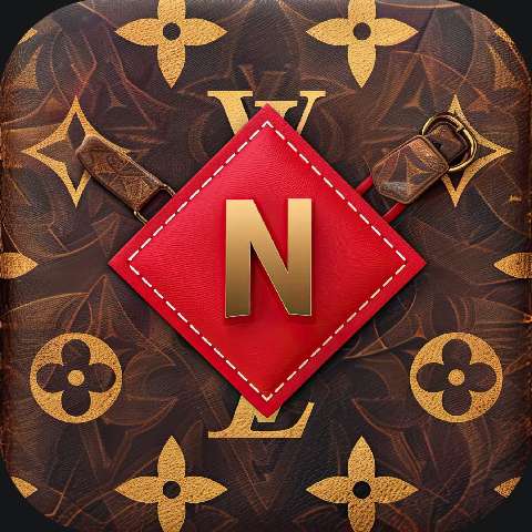 Red diamond-shaped tag with a gold letter N on a patterned luxury handbag background