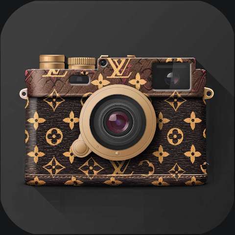 A luxury patterned camera graphic with gold details on a dark background