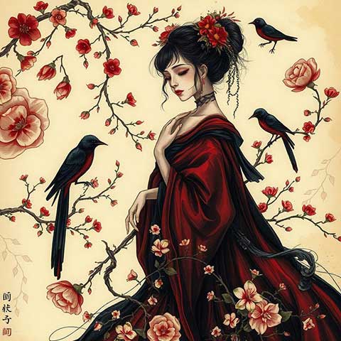 Preview for Woman-in-red-kimono-with-birds-and-flowers-aifeatured-template-eb2cc