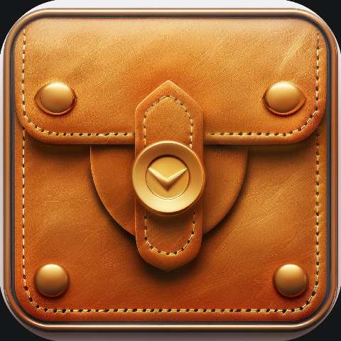 Brown leather pouch icon with flap, button closure, and stitched edges