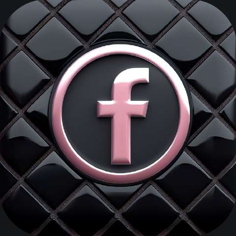 Pink lowercase f in a circle on a dark quilted geometric background