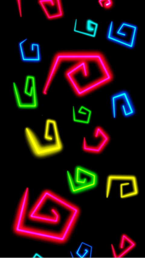Colorful glowing spiral shapes scattered on a black background