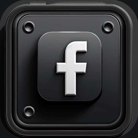 Dark square app icon with a raised white Facebook letter on a metallic background