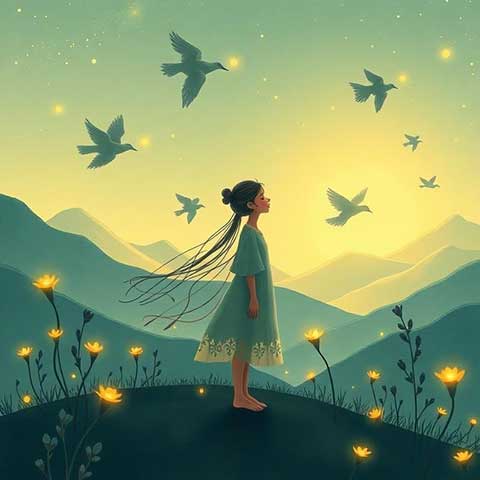 Preview for Serene-landscape-girl-birds-aicartoon-template-8bf0e