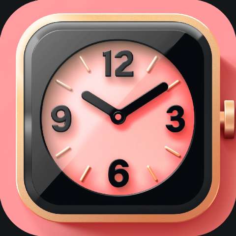 Pink smartwatch icon with black rounded frame and gold trim showing a clock face.