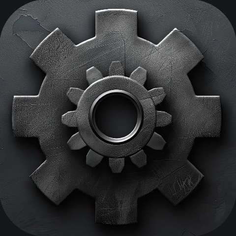 Dark metallic gear icon with layered cog shapes on a rounded square background.