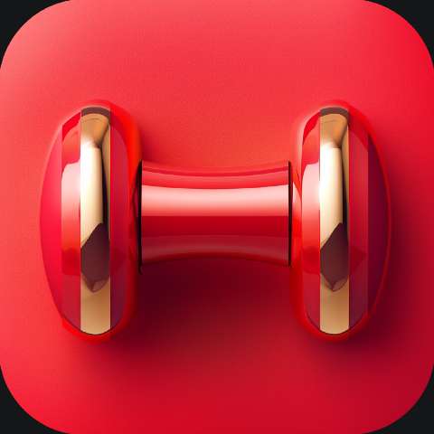 Red dumbbell icon on a rounded square red app icon background.