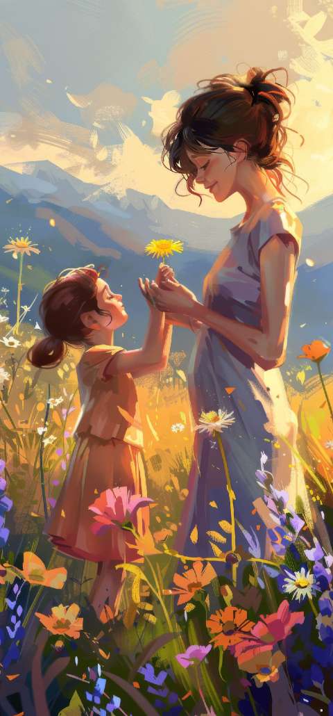 Preview for Mother And Child Flower Field Phone Wallpaper Template