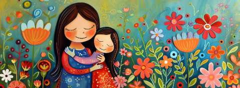 Illustrated mother hugging daughter in a colorful flower-filled garden.