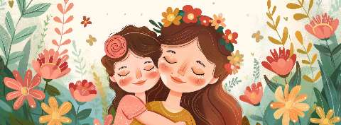 Mother and daughter with closed eyes surrounded by colorful flowers and leaves in a garden scene