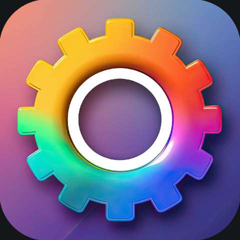 Colorful gear icon with a rainbow gradient on a purple rounded square background