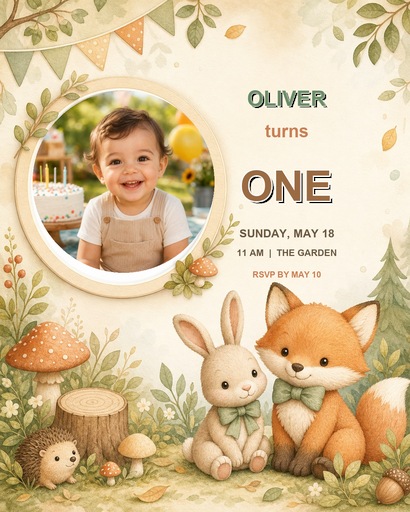 Preview for Woodland First Birthday Invitation Template