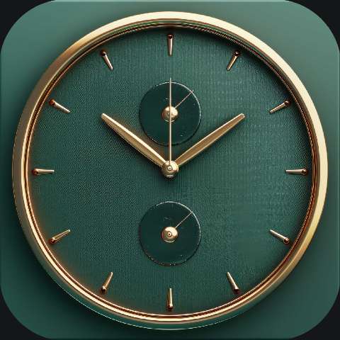 Green luxury watch face with gold hands and rim on a rounded square background
