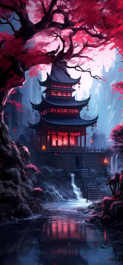 Preview for Asian-temple-waterfall-serenity-aiwallpaper-template-83b71